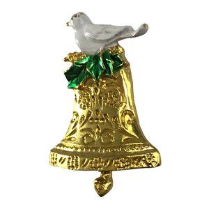 Christmas Brooch Pin Gold Tone Bell With Enamel Holly and Dove